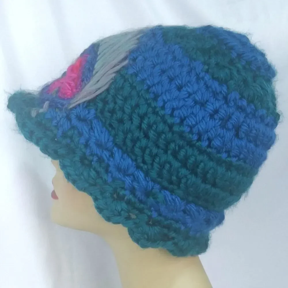 Handmade Crochet Peacock Feather Hat Blue Green Beanie Cottage Core Cozy New